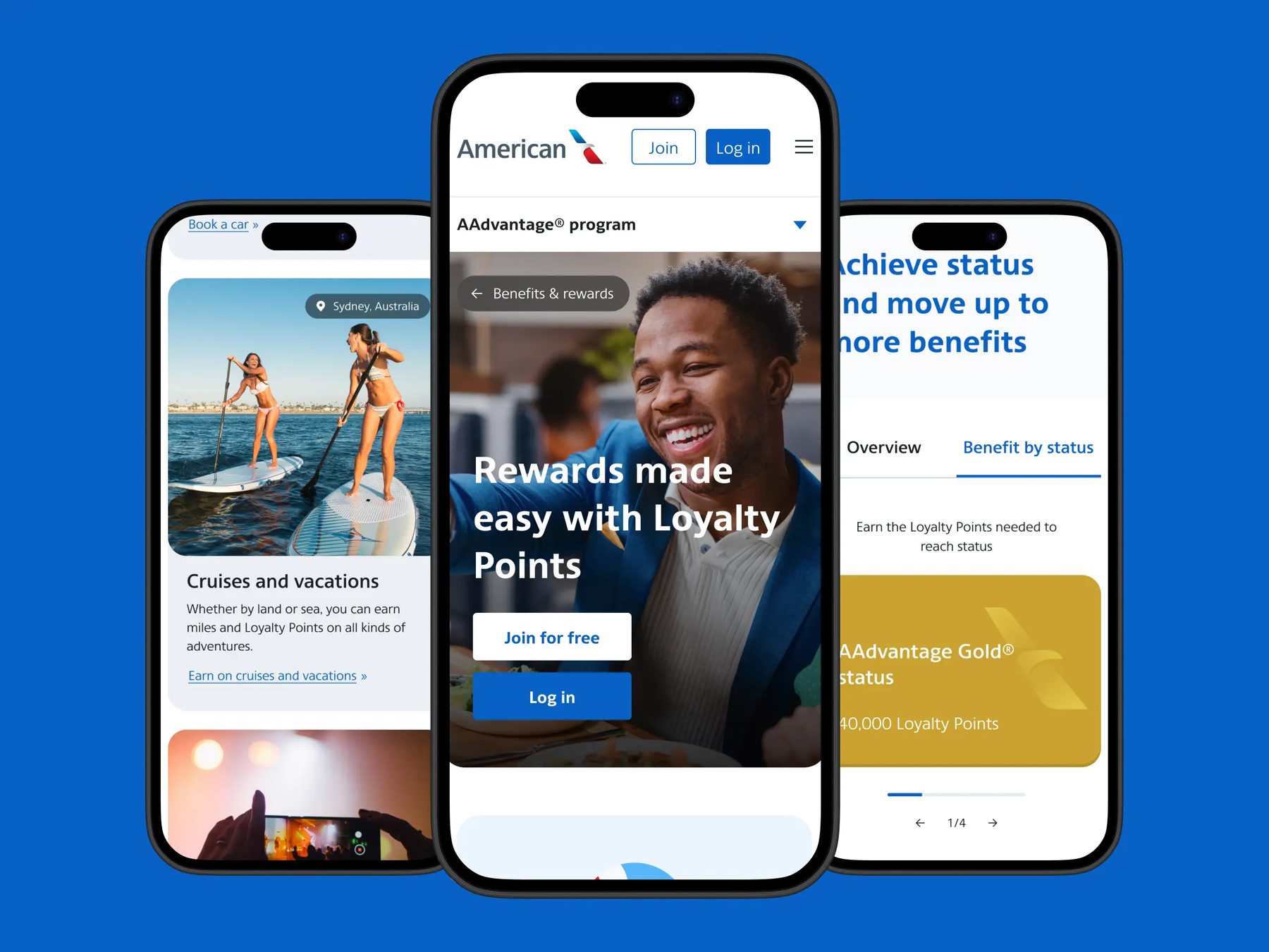 Three phones showing the AAdvantage mobile site