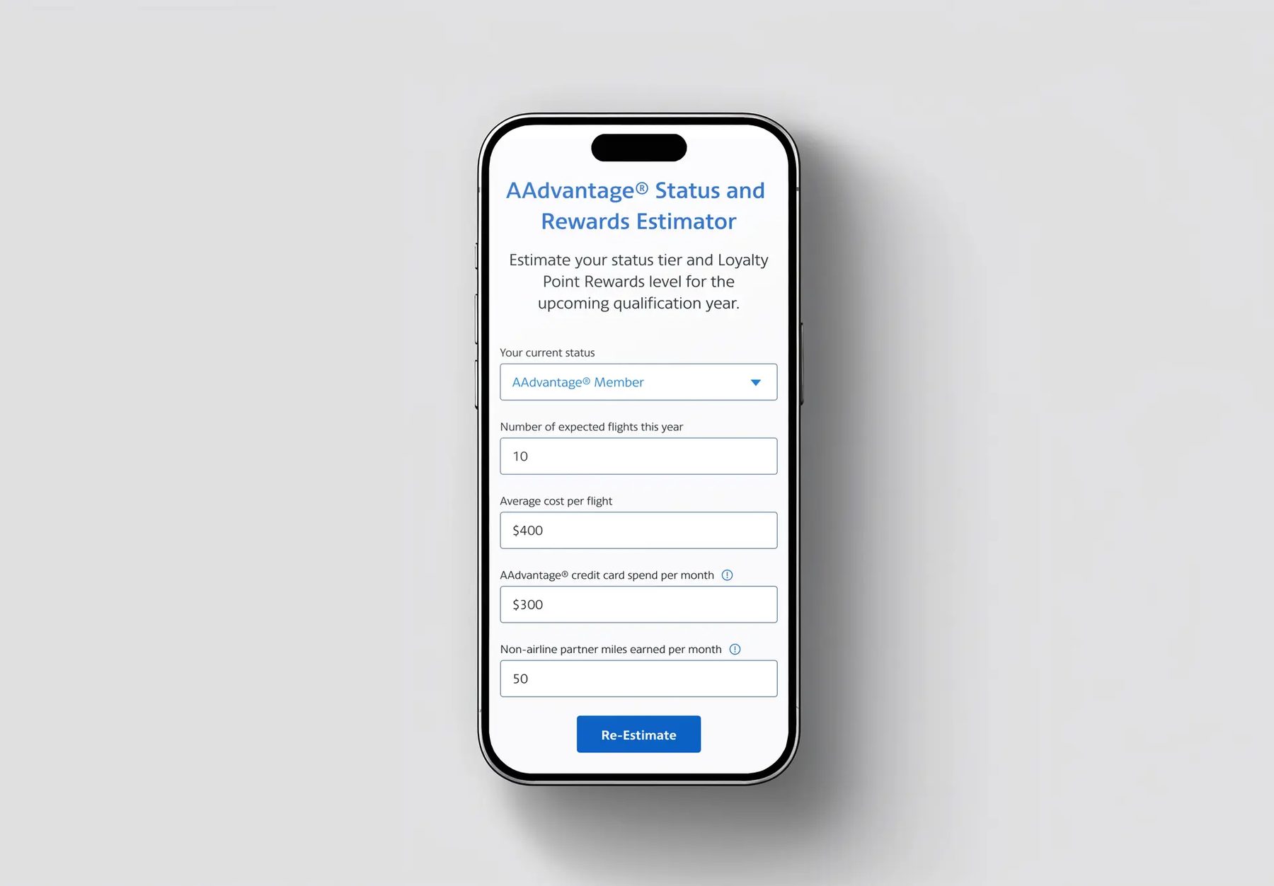 AAdvantage Status and Rewards Estimator on a phone