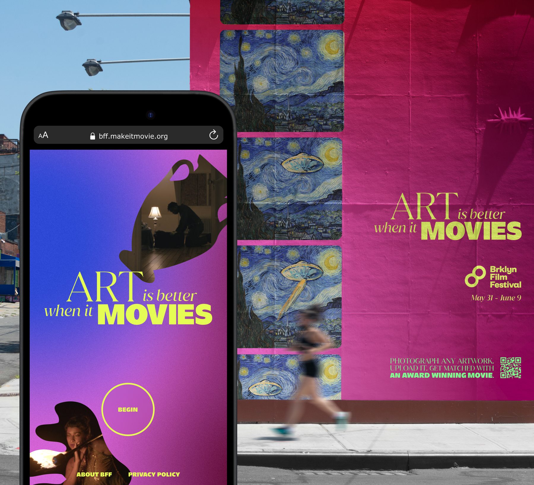 Make It Movie on a phone beside an outdoor billboard of Starry Night frames