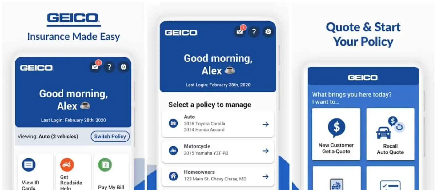 GEICO Mobile app screens: the home screen with ID cards, roadside help and bill pay, the policy list, and the quote and start-your-policy screen