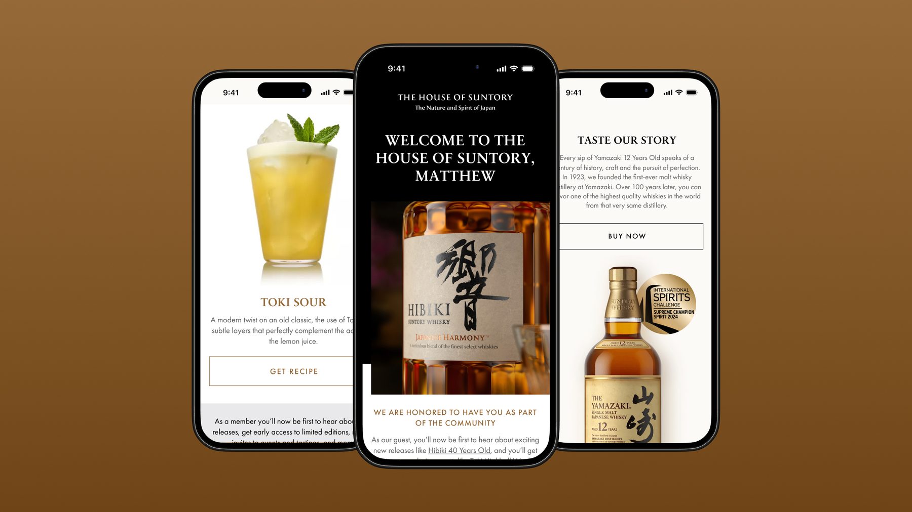 Three phones showing a Toki sour recipe, the Hibiki welcome screen and the Yamazaki story