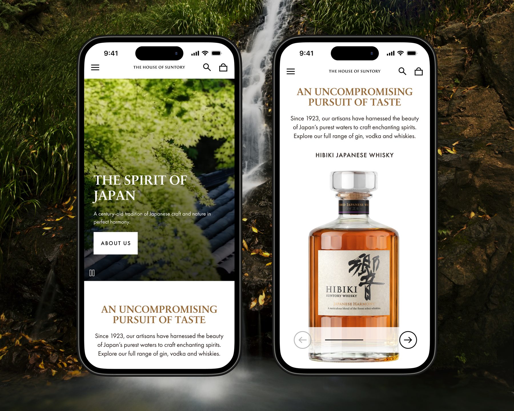 Two phones showing the Spirit of Japan hero and the Hibiki product carousel