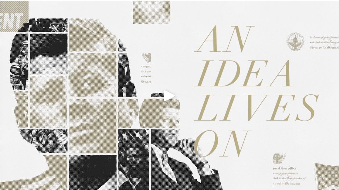 An Idea Lives On title screen over a halftone collage of John F. Kennedy