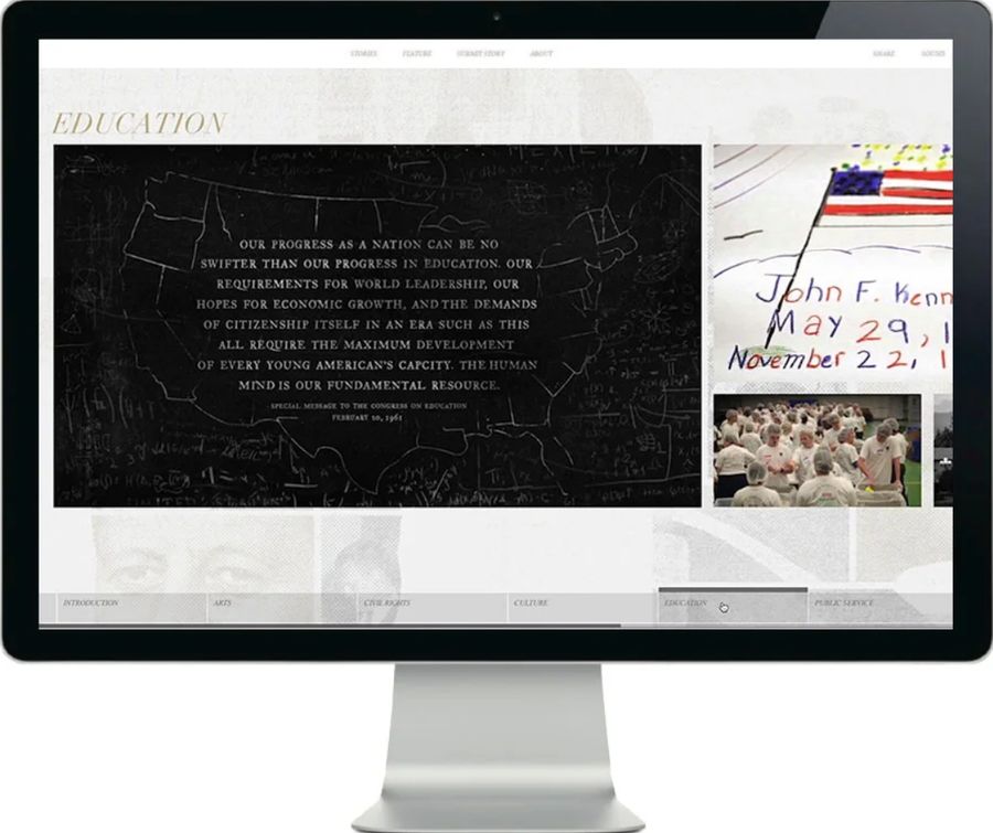 JFK Library site on a desktop monitor showing the education chapter
