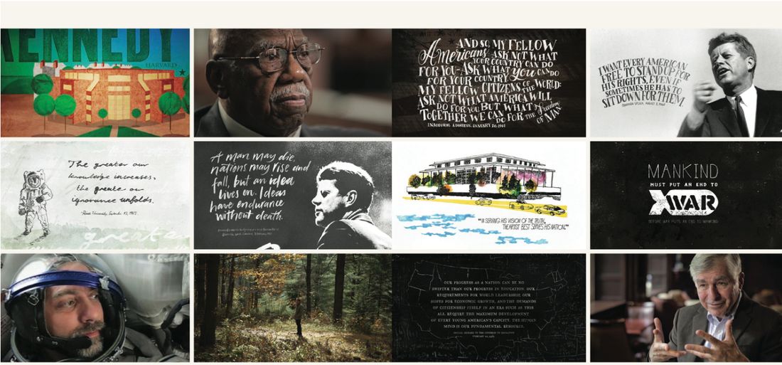Grid of video thumbnails of interviews and illustrated quotes