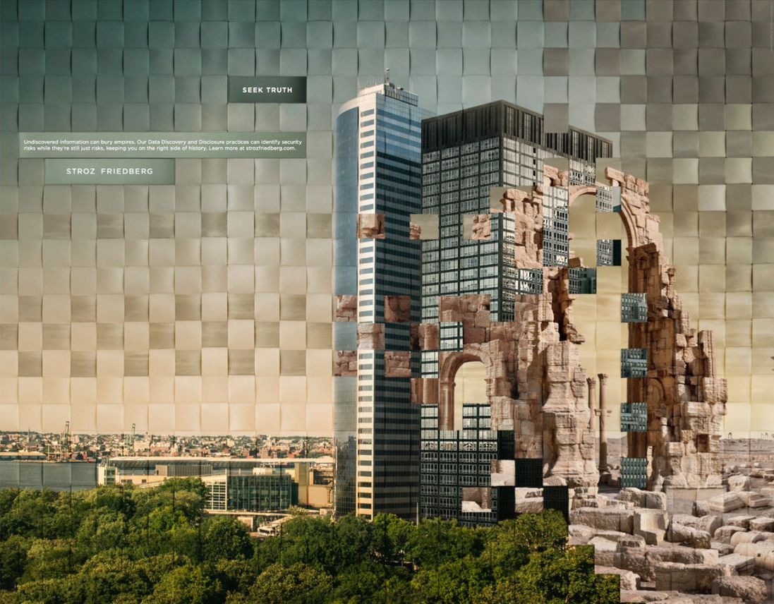Print ad of a modern tower dissolving into ancient ruins in a tile mosaic