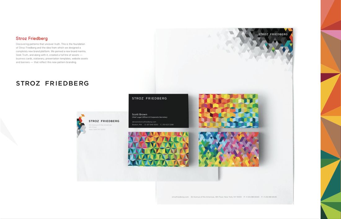 Stroz Friedberg stationery and business cards with a faceted color pattern