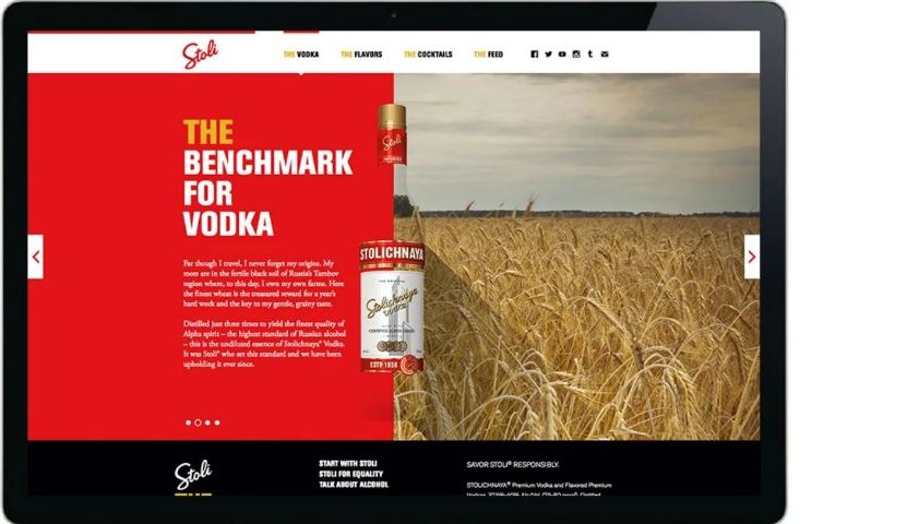 Stoli.com on a tablet with the headline The benchmark for vodka